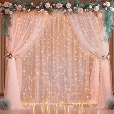 20x8ft Peach Tulle Backdrop Curtain with Lights String for Parites, Sheer Bac...