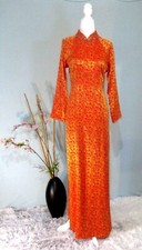 Áo Dài Gấm Ngũ Sắc Thái Tuấn  Hoa Mai Đỏ, Cổ 3 cm ( 3 XL, 4 XL)