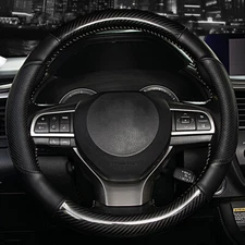 Carbon Fiber Car Steering Wheel Cover Black Leather Breathable Anti-slip 15'' .
