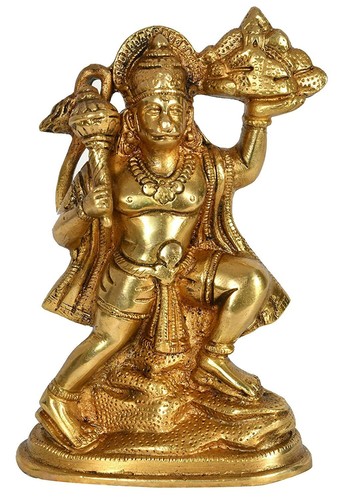 Brass Lord Hanuman with Sanjeevani Mountain Parvat Idol Statue Figurine 6.5" - 第 1/1 張圖片
