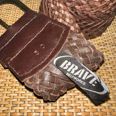 Brave Beltworks Vintage Wide Woven Belt Brass Buckle Black Size 34 Vintage BRAVE Beltworks Belt Leather Brass Buckle Made in  main image 3
