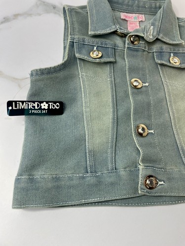 Limited Too Girls Blue Denim Vest Sz M/5T Bling Button Embroidered Yellow Flower - Picture 5 of 12