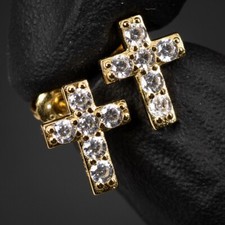 Mens Solitaire Gold Plated Sterling Silver Iced Cross Stud Screw Back Earrings