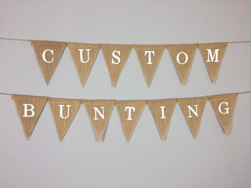 PERSONALISED BUNTING.Hessian flags.TRIANGLE OR SWALLOW TAIL SHAPE.Fabric. - Picture 1 of 12