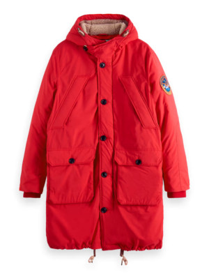 Men's Scotch & Soda Red Waterproof Sherpa Hooded Long Insulated Parka / Size M