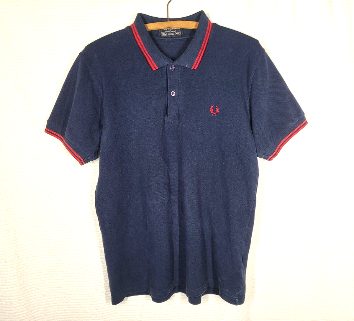 Vtg Fred Perry Polo Shirt L Made In England Knit Navy Red