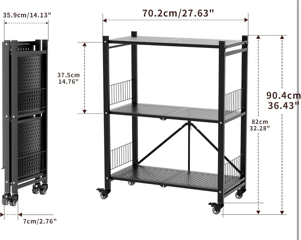 Folding Storage Shelves 3-Tier Metal Foldable Shelf Shelving Rack Rolling Wheel - Image 2 of 4