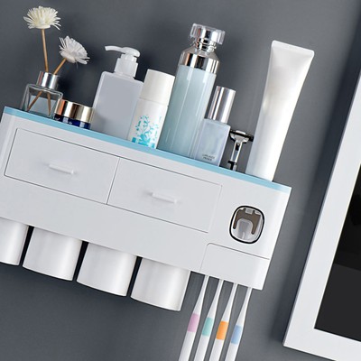 4 Blue Cups Toothbrush Storage Rack Inverted Magnetic Adsorption Toothbrush NEW