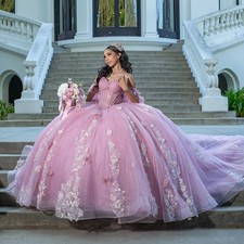 Pink Quinceanera Dresses Off Shoulder Lace 3D Floral Beaded Ball Gowns Sweet 16