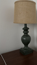 Traditional Table Lamp, Dark Green Wood Base, Beige Round Fabric Shade