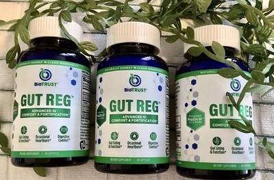 Lot Of 3~Biotrust Gut Reg Advanced GI Pepzin Gut Lining Heartburn Support 60 EA!