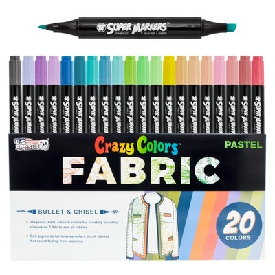 Crazy Colors Dual Tip Fabric & T-Shirt Markers 20 Color Pastel Set Chisel & Fine