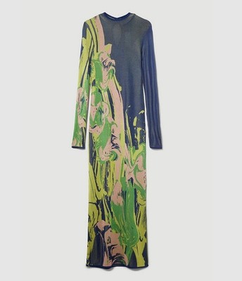Karen Millen Slinky Jacquard Knit Maxi  L Navy Green Long Sleeve Wedding  Guest | eBay