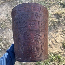 Pre Columbian Human Effigy Leather Storage Can10.3/4”x9.” From South AmericaQ982