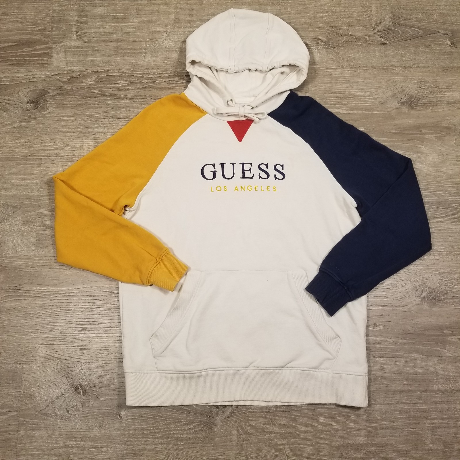 Guess Hoodie Mens Small White Colorblock Drawstring Long Sleeve Pockets Stretch