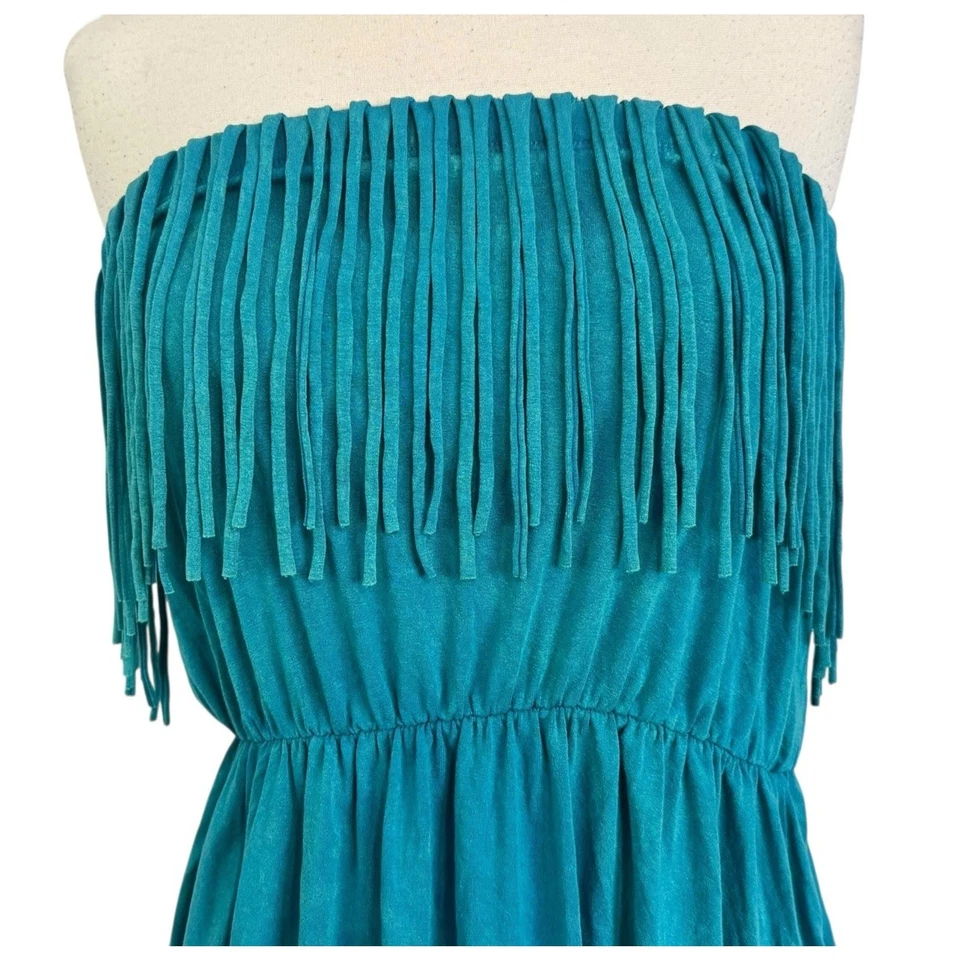 Винтажный T вечеринки 90-х годов Y2K инди бирюза бахрома мини без бретелек платье богемное фестиваль L - Изображение 4 из 4