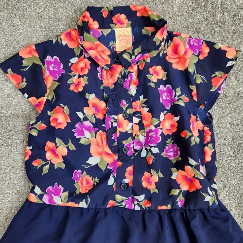 FADED GLORY Dress Youth Girl Medium 7 8 Navy Blue Pink Flowers Sheer Cap Sleeve - Picture 2 of 11