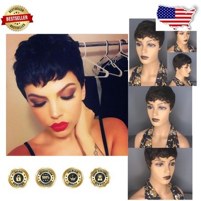 Brazilian Human Hair Pixie Cut Wig Glueless Wavy #1B Black Short