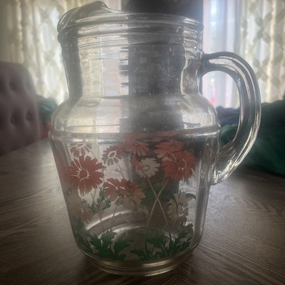 Vintage Hazel Atlas Pitcher Pink & Green Flowers 64 Oz. 1960 s