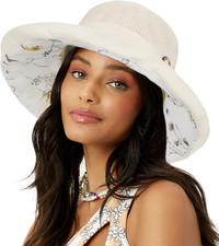 Women Summer Sun Hat Floral Beach Hat Wide Brim UV Protection Packable Bucket Ca