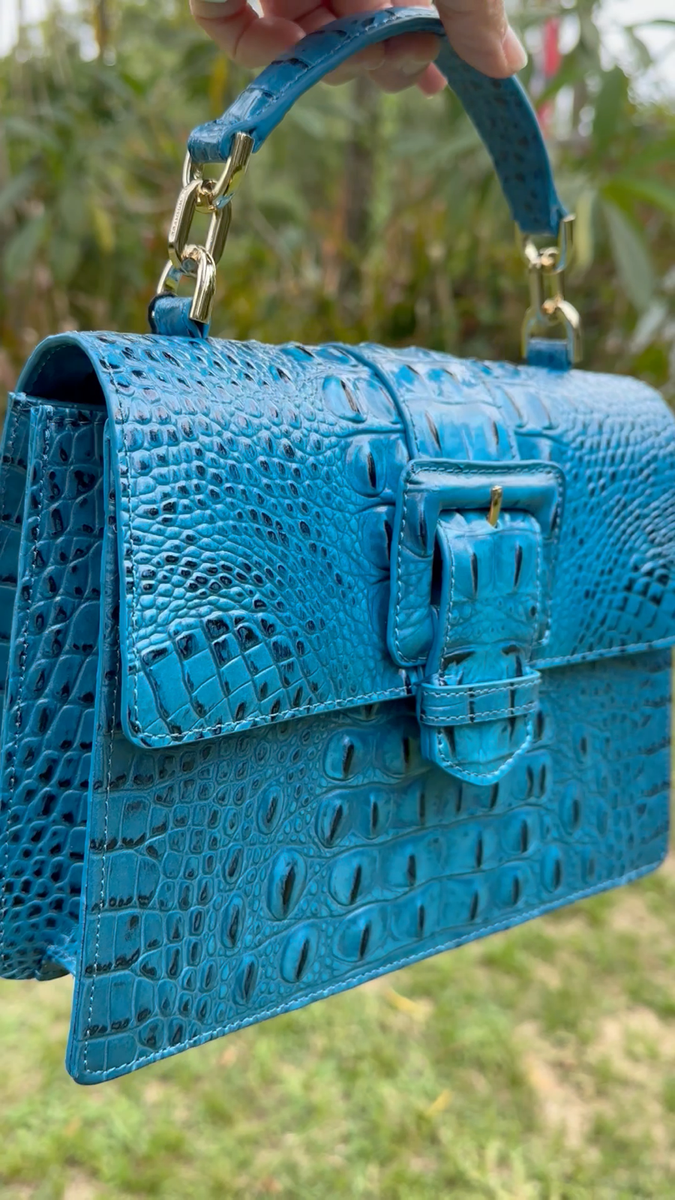 BRAHMIN SMALL HALLIE VIBRANT AZURE TEAL BLUE GLOSSY LEATHER