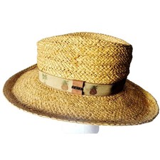 Scala Raffia Straw Hat Tropical Pineapple Palm Band Wide Brim S/M 21.5