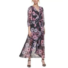 Eliza J Metallic Floral Maxi Dress Black Purple Waist Tie Long Sleeve Sz 10