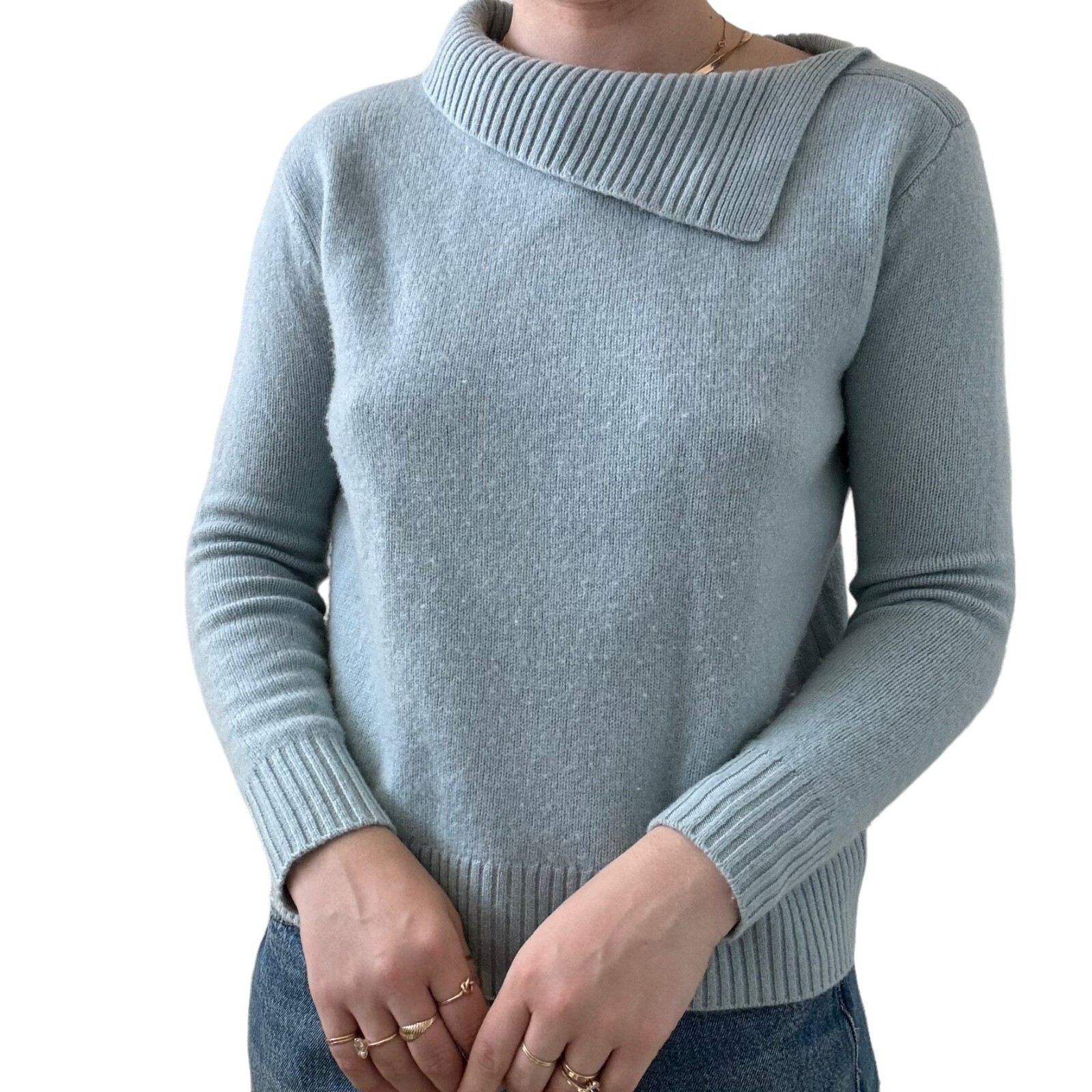Club Monaco Womens Baby Blue 100% Cashmere Cowl Neck Sweater Sz XS