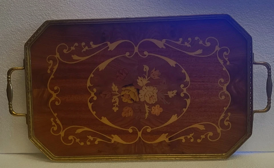 Bandeja estilo italiano incrustación de madera latón asas elegantes tapa de vidrio 16,5 x 9" servir Foto 2 de 4