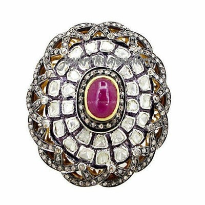 Rubin Edelstein Cocktail Ring,925 Silber Polki & Slice Diamant Hochzeit Geschenk