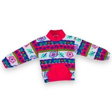 Vintage 1990s 90s Girls Pink Geometric Floral Fleece Sweater Jacket 4 - 5