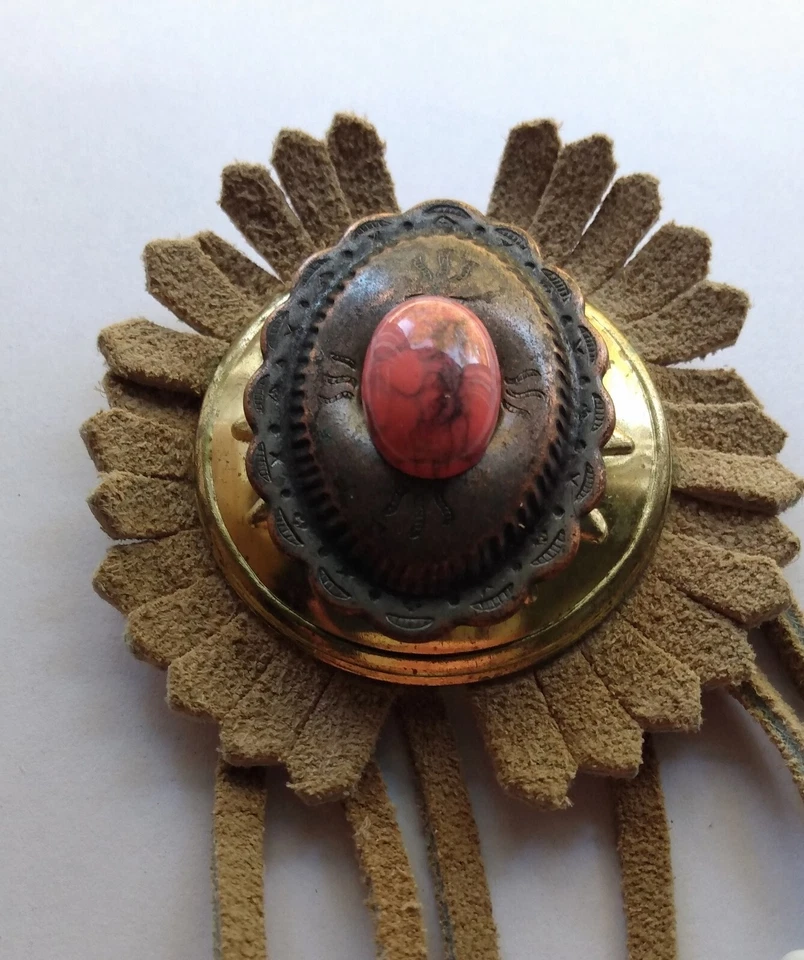 Broche Southwestern Boho Cuentas de Cuero Metal Rosa Vena Cabujón Borlas Conchos Foto 4 de 4