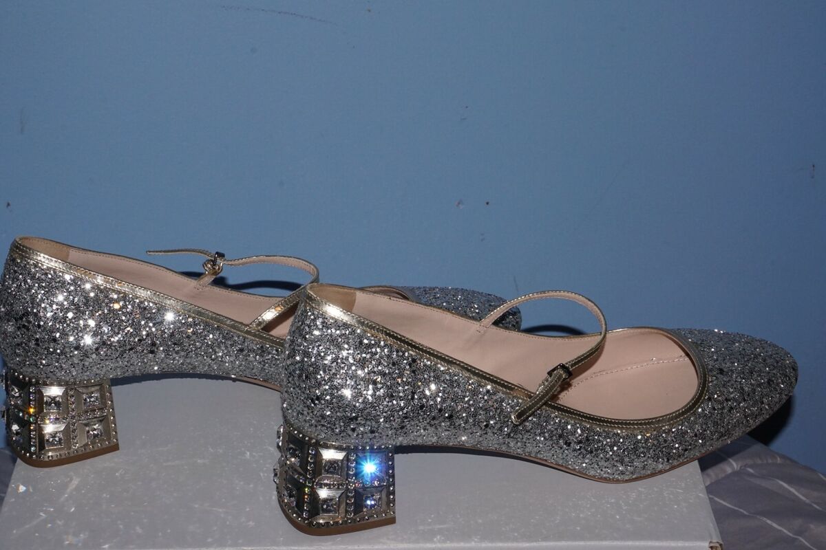 Miu Miu Glitter Mary Jane Silver Pump 42 US 11 Jeweled Heel Miu Miu Glitter Mary Jane Silver Pump 42 US 11 Jeweled Heel