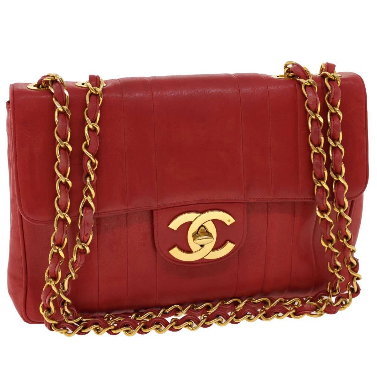 CHANEL Mademoiselle Big Coco Double Chain Shoulder Bag Lamb Skin Red Auth  29129A