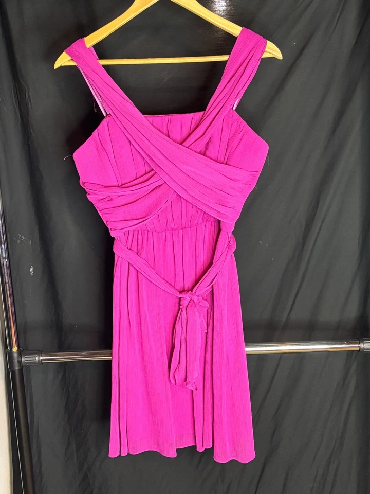 NEW Max And Cleo Katrina Strapless Wrap Belt Chiffon Fuchsia Mini Prom Dress 10 - Image 2 of 4