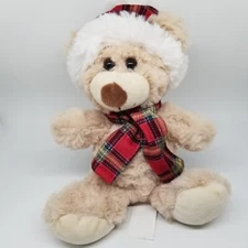 HugFun Cream Teddy Bear Lovey Plaid Christmas Hat 8" Plush Stuffed Animal Toy
