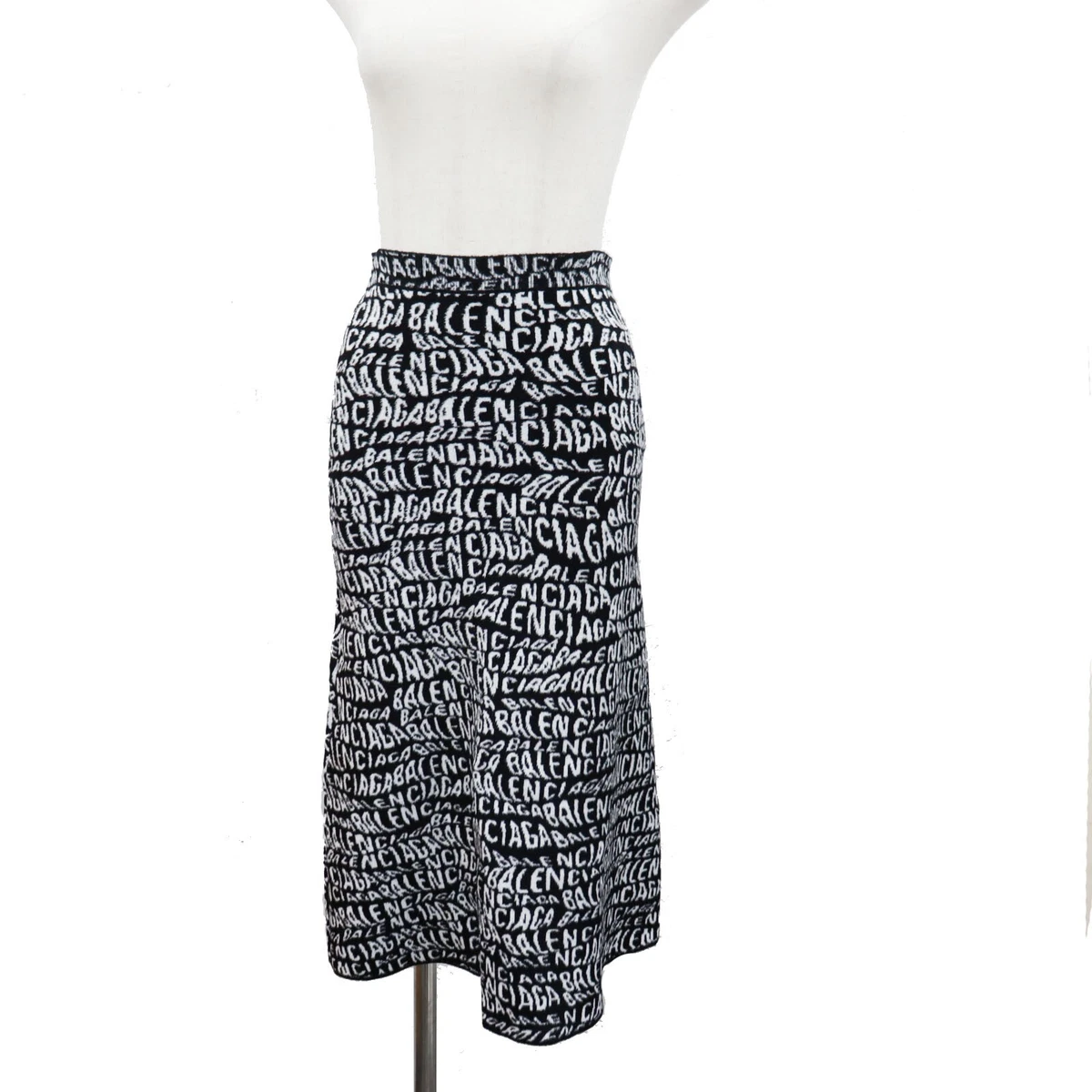 BALENCIAGA Used Logos Knit Long Skirt Size S Used Black White #AH680 S