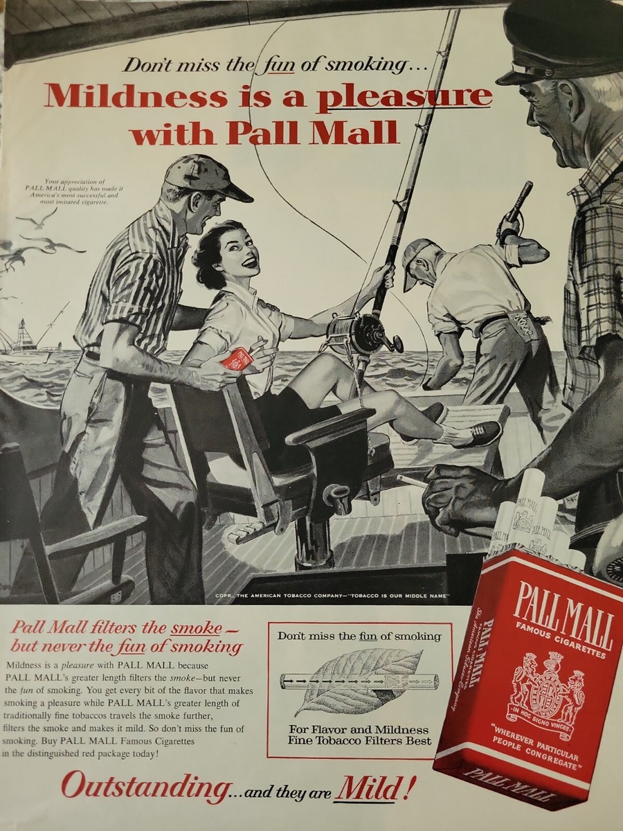 1950s Pall Mall cigarettes woman men smoking fishing boat vintage ad