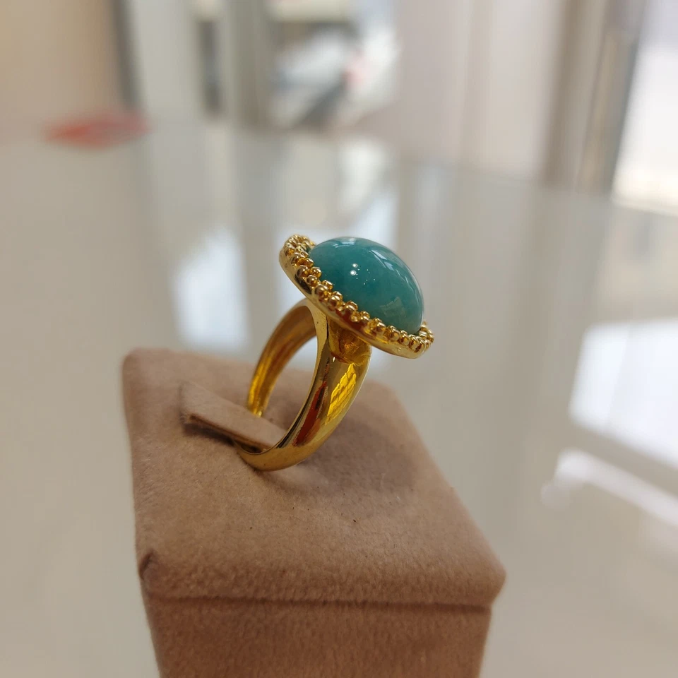 Anello argento 925 placcato oro giallo pietra amazzonite turchese tonda cabochon - Immagine 3 di 4