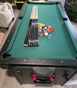 Pool/Air Hockey Table W/Cover, Pool Sticks, Balls, Pucks Made By Fat Cat LN