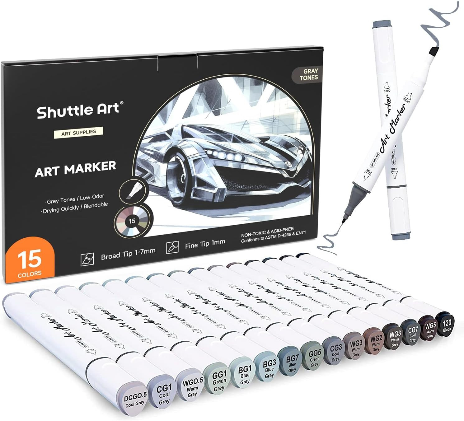 Shuttle Art 15 Colors Grey Tones Dual Tip Art Marker, Alcoho