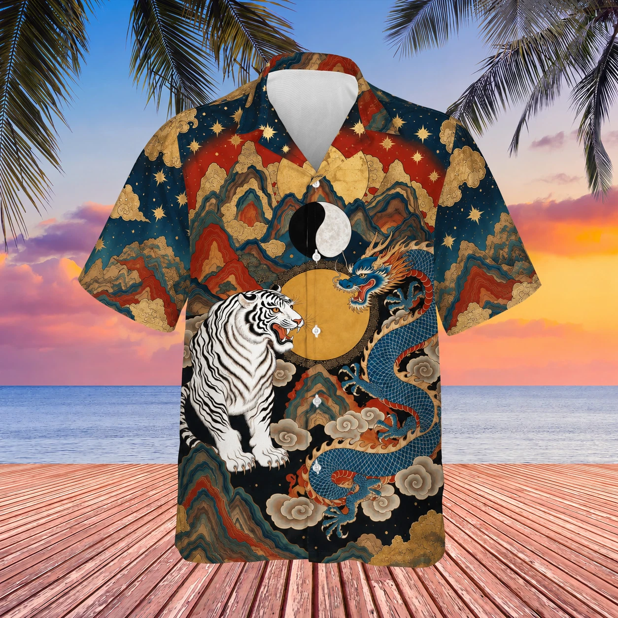 Japanese Dragon Tiger Yin Yang Hawaiian Shirt Men Casual Short Sleeve Button Up