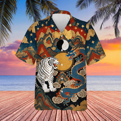 Japanese Dragon Tiger Yin Yang Hawaiian Shirt Men Casual Short Sleeve Button Up