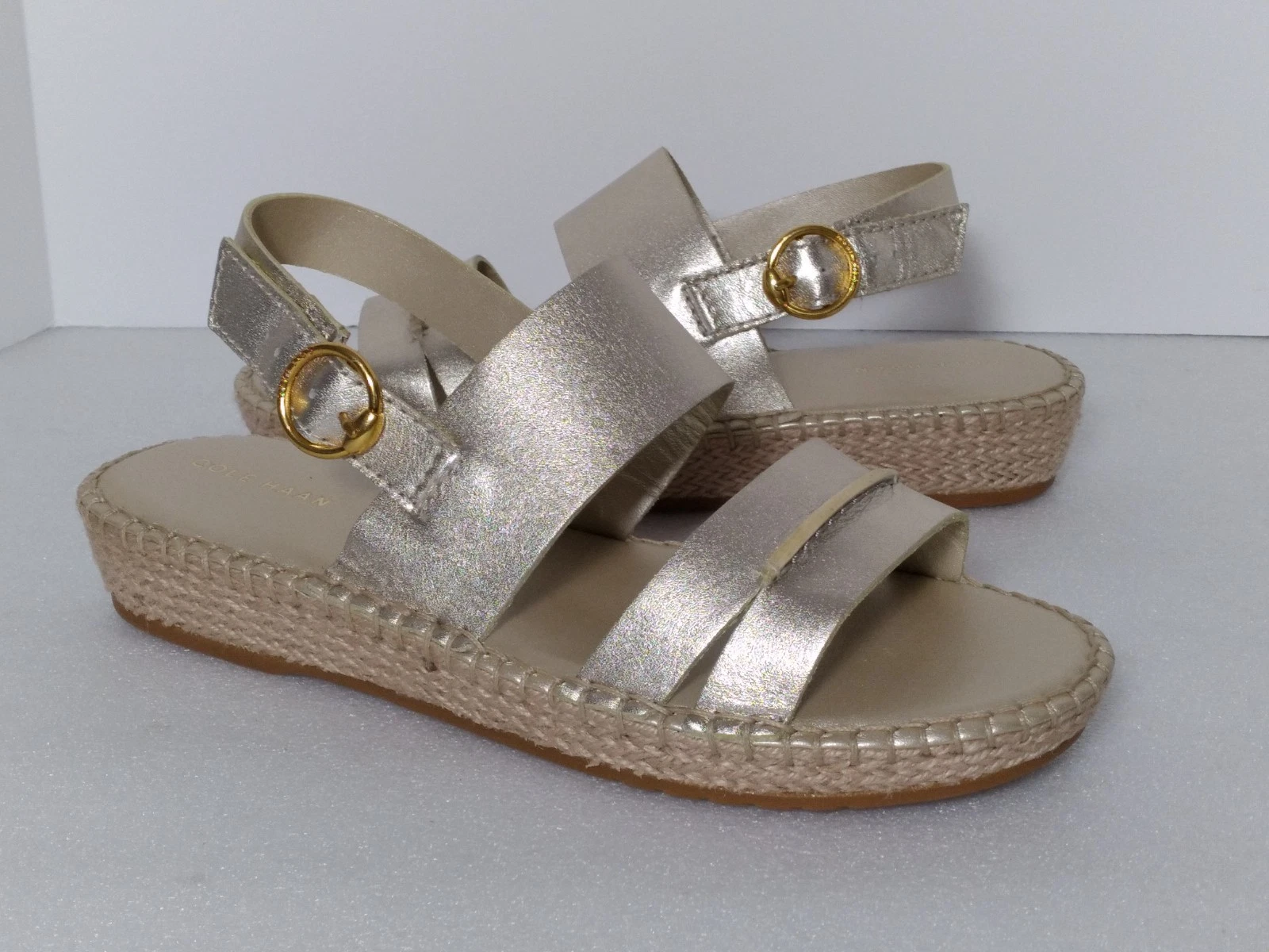 Cole Haan Cloudfeel Tilden Wedge Sandals Soft Gold Leather Sling Back Buckle 8.5