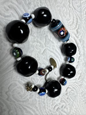Miriam Haskell signed Murano Colorful and Black Glass Beads Bracelet Hook Clasp