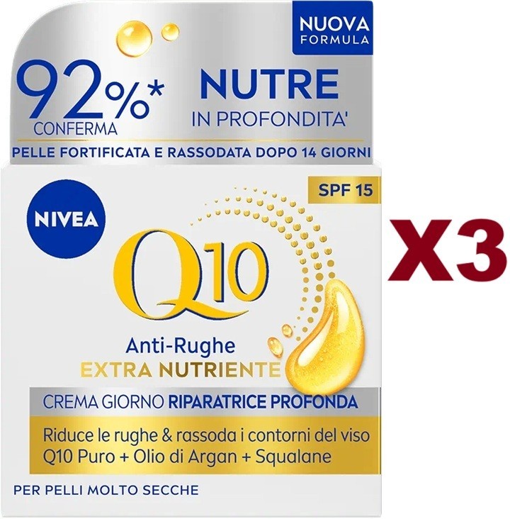3x NIVEA Q10 Antirughe Extra Nutriente Giorno Olio Argan e Squalene