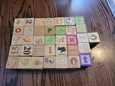 Lot of 38 TOY BLOCKS Letters Numbers  Pictures Wood, 1.25" cubes Children Kids