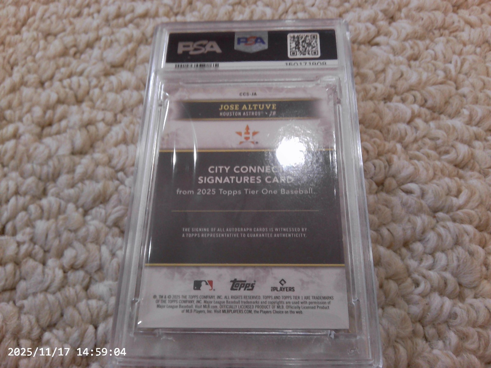 2025 Topps Tier One - City Connect Signatures Jose Altuve #CCS-JA /25 PSA8 view 4