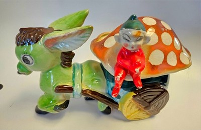 Vintage Pixie Elf on Donkey Cart Planter Polka Dot Mushroom Made in Japan