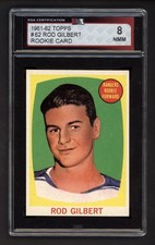 1961-62 TOPPS #62 ROD GILBERT ROOKIE CARD KSA 8 NEAR MINT-MINT. rookie card picture